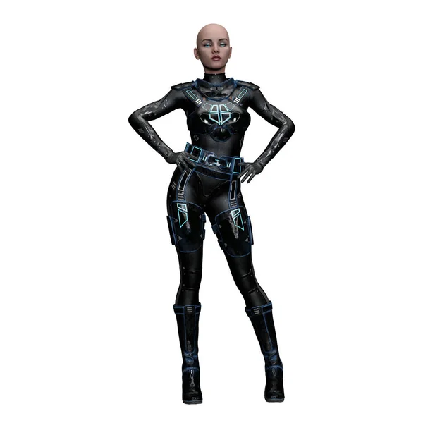 具有蓝绿色眼睛的凶猛的科幻女人 3D插图 3D渲染 — 图库照片