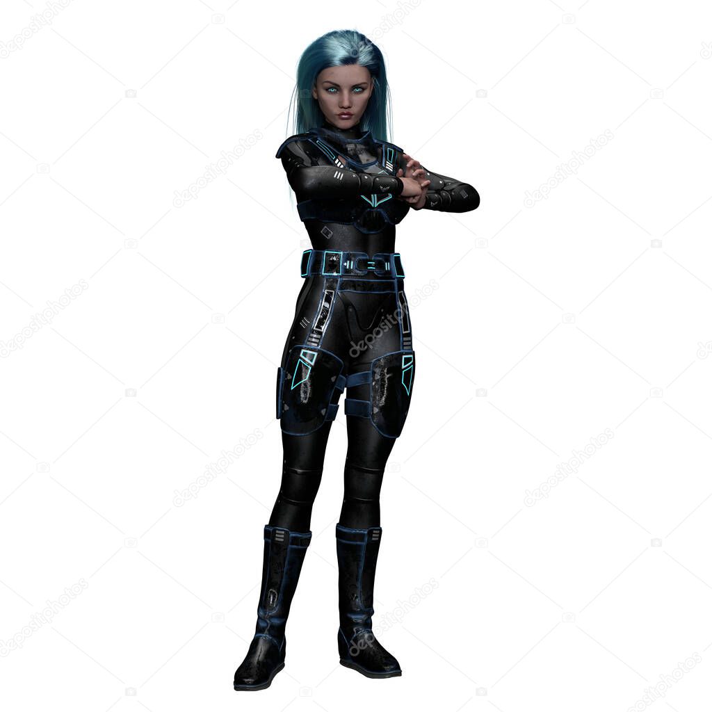 Fierce Scifi Woman with Turquoise Eyes, 3D Illustration, 3D rendering