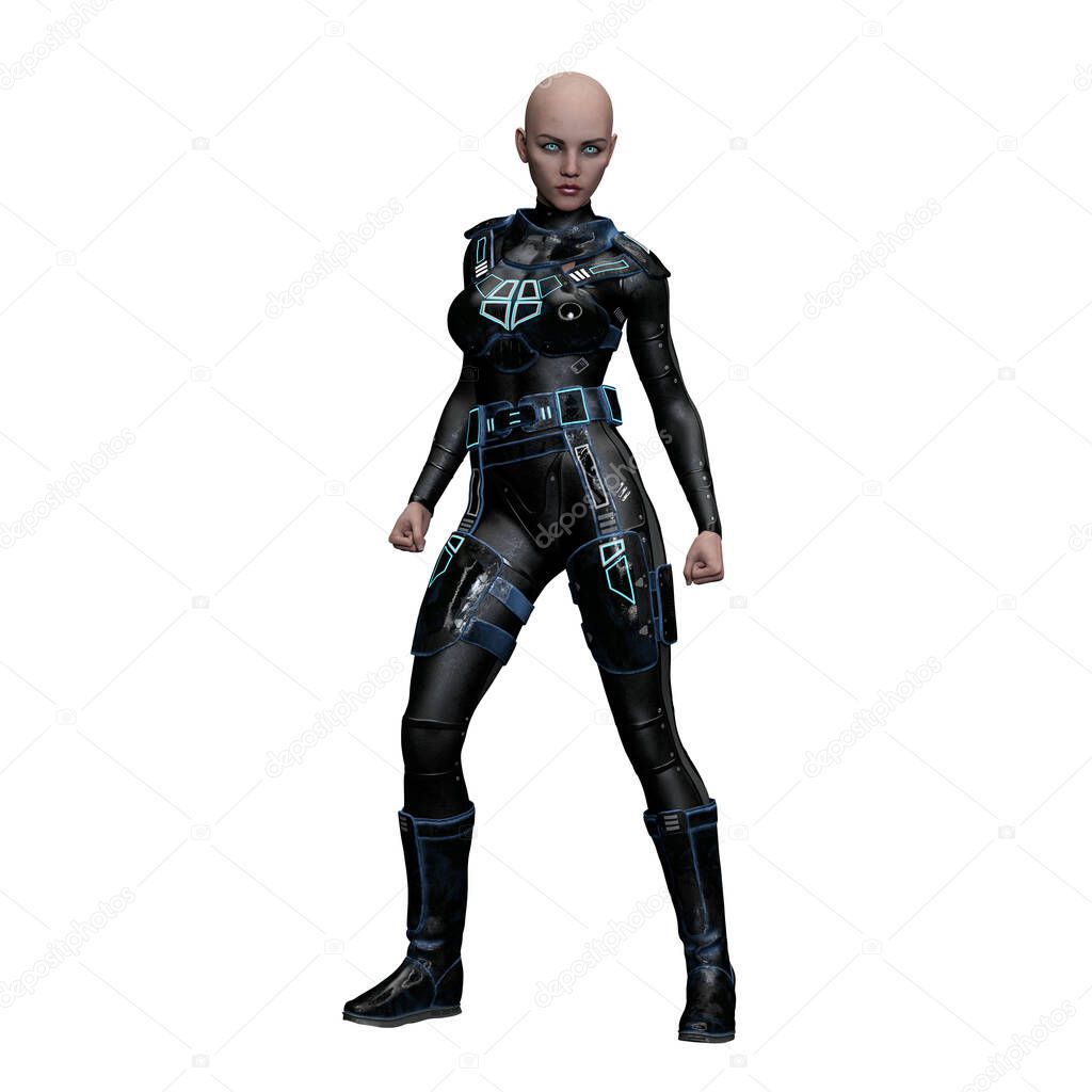 Fierce Scifi Woman with Turquoise Eyes, 3D Illustration, 3D rendering