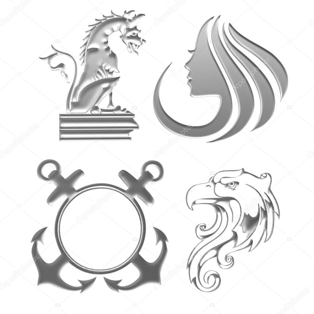 Eagle, Dragon, Anchor, Womans Face Set of Symbols, in Natural Materials, 3D Illustration, 3D Rendering