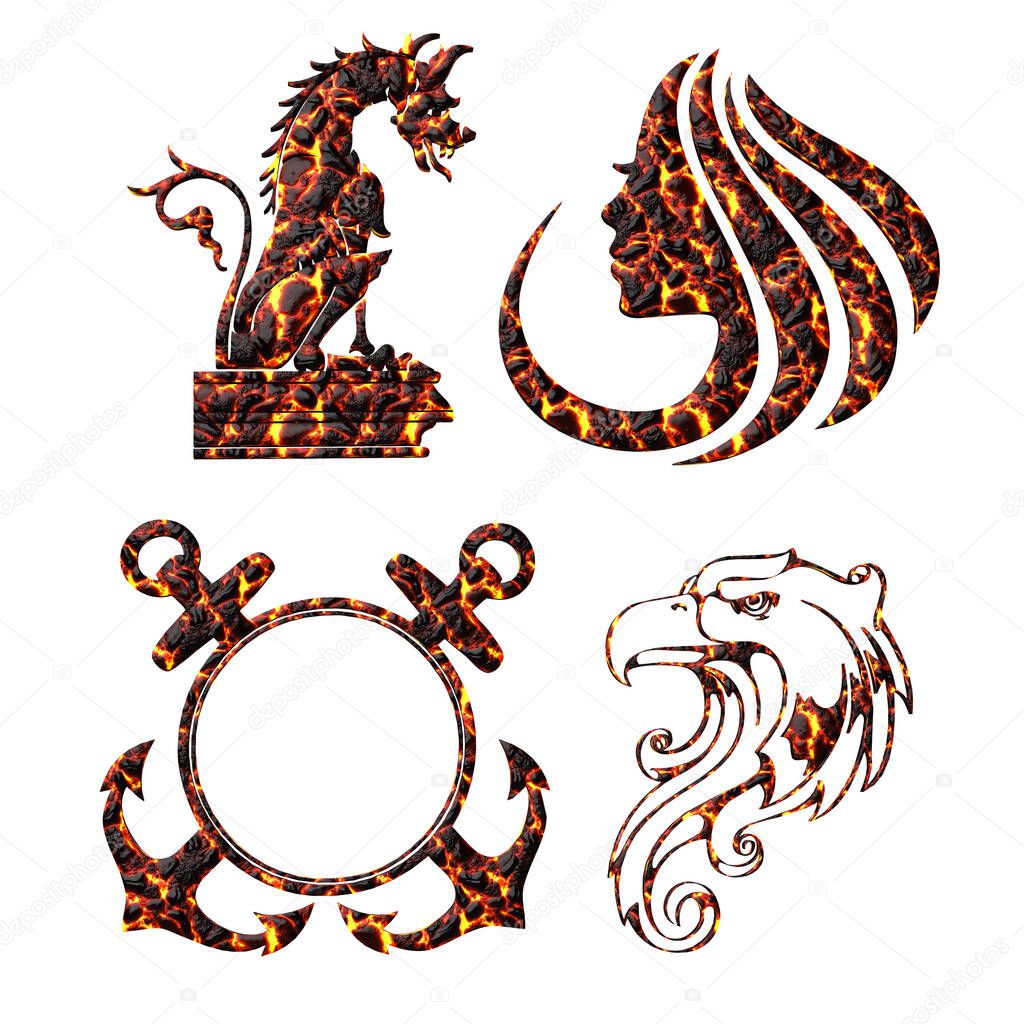 Eagle, Dragon, Anchor, Womans Face Set of Symbols, in Natural Materials, 3D Illustration, 3D Rendering