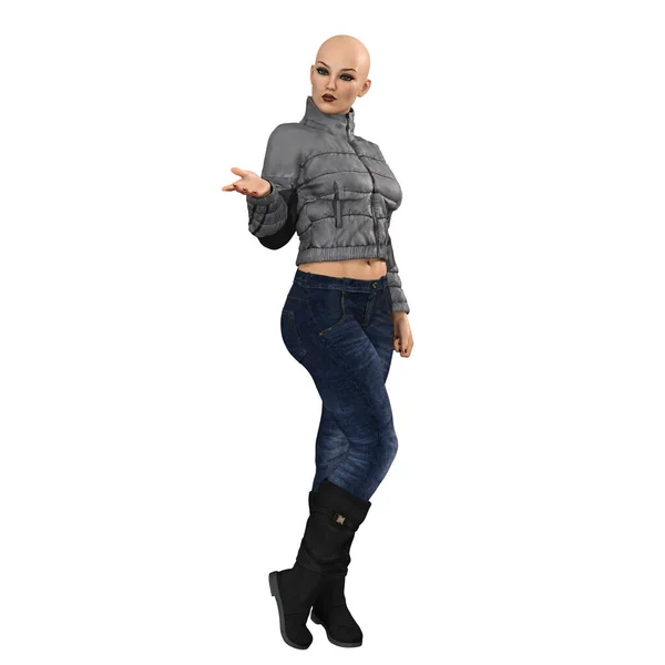 Mulher Contemporânea Jeans Com Longos Cabelos Vermelhos Windblown Fundo Branco — Fotografia de Stock