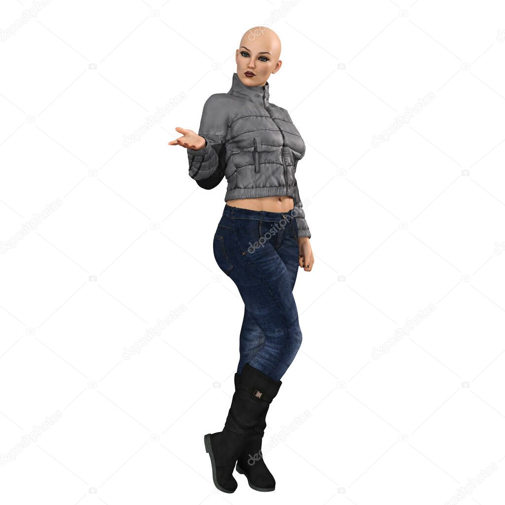 Contemporary Woman in Jeans with Long Red Windblown Hair on Isolated White Background, 3D Rendering, 3D illustration