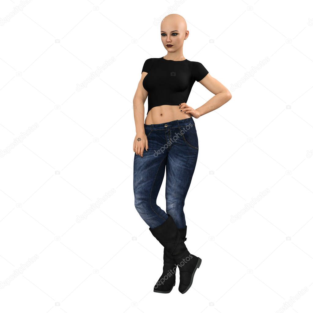 Contemporary Woman in Jeans with Long Red Windblown Hair on Isolated White Background, 3D Rendering, 3D illustration