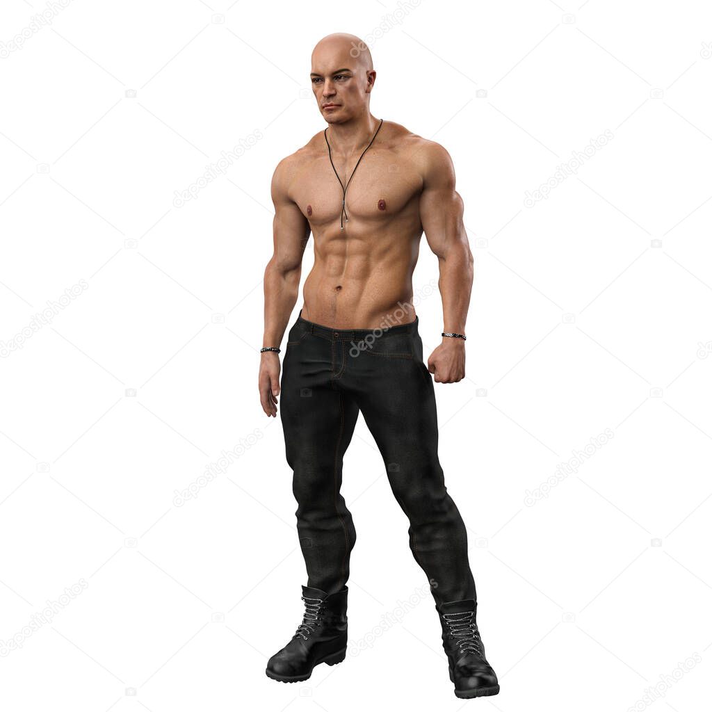 Bare Chested Latino Man on Isolated White Background, 3D Rendering, 3D Illustration
