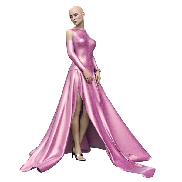 Fashion Icon Woman with Brown Hair in Shimmery Pink Dress, 3D Rendering, 3D Illustration