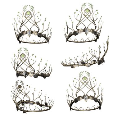 Ornate intricate metal fantasy crown with jade gems on isolated background, 3D Illustration, 3D Rendering clipart