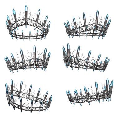 Ornate intricate metal fantasy crown turquoise gems on isolated background, 3D Illustration, 3D Rendering