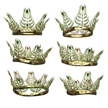 Ornate intricate metal fantasy crown with green gems on isolated background, 3D Illustration, 3D Rendering clipart