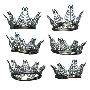 Ornate intricate metal fantasy crown with green gems on isolated background, 3D Illustration, 3D Rendering