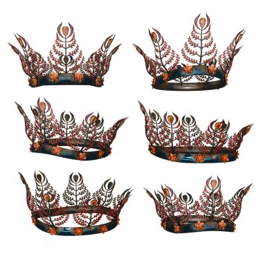 Ornate intricate metal fantasy crown with orange gems on isolated background, 3D Illustration, 3D Rendering clipart