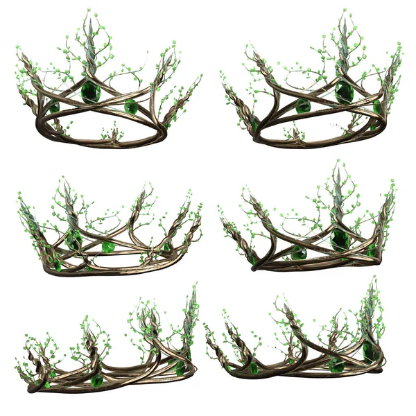 Coroa Fantasia Metal Intrincado Ornamentado Com Pedras Verdes Fundo Isolado — Fotografia de Stock