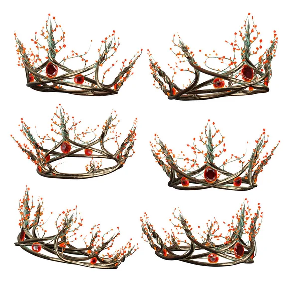 Ornate Intricate Metal Fantasy Crown Amber Gems Isolated Background Illustration — Stockfoto