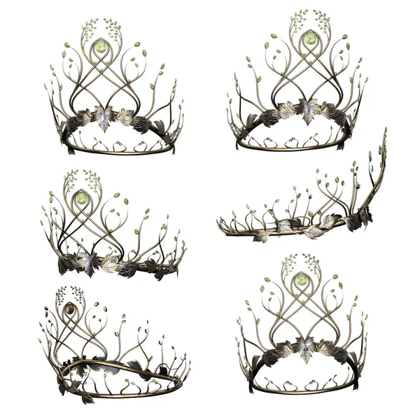 Ornate Intricate Metal Fantasy Crown Jade Gems Isolated Background Illustration — ストック写真