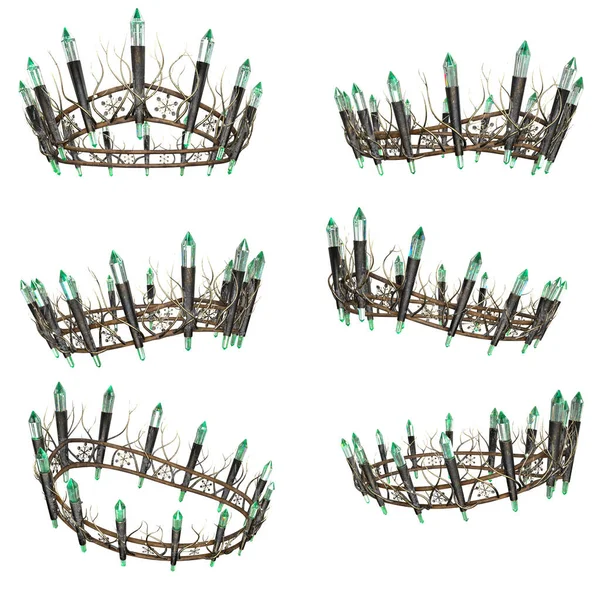Coroa Fantasia Metal Intrincado Ornamentado Com Pedras Verdes Fundo Isolado — Fotografia de Stock