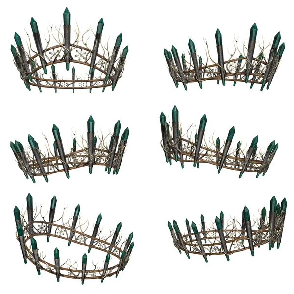 Ornate intricate metal fantasy crown with green gems on isolated background, 3D Illustration, 3D Rendering