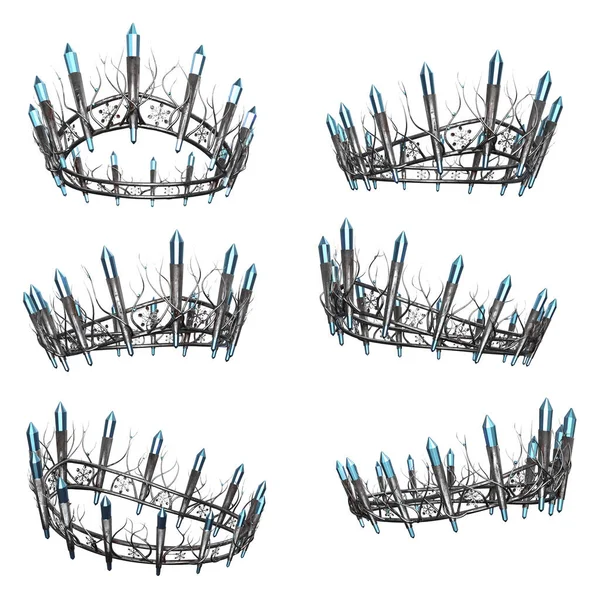 Ornate intricate metal fantasy crown turquoise gems on isolated background, 3D Illustration, 3D Rendering
