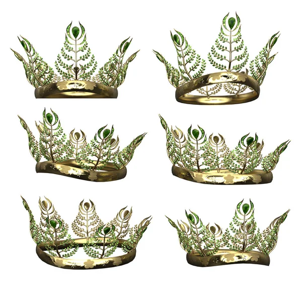 Ornate intricate metal fantasy crown with green gems on isolated background, 3D Illustration, 3D Rendering