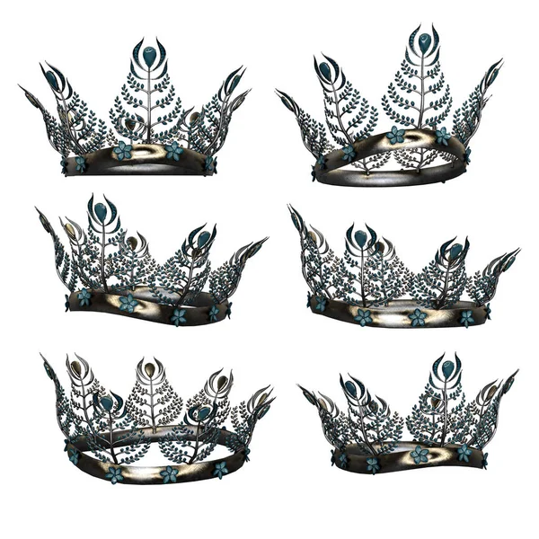 Ornate intricate metal fantasy crown with green gems on isolated background, 3D Illustration, 3D Rendering