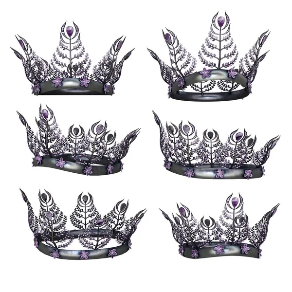 Ornate Intricate Metal Fantasy Crown Purple Gems Isolated Background Illustration — Stock fotografie