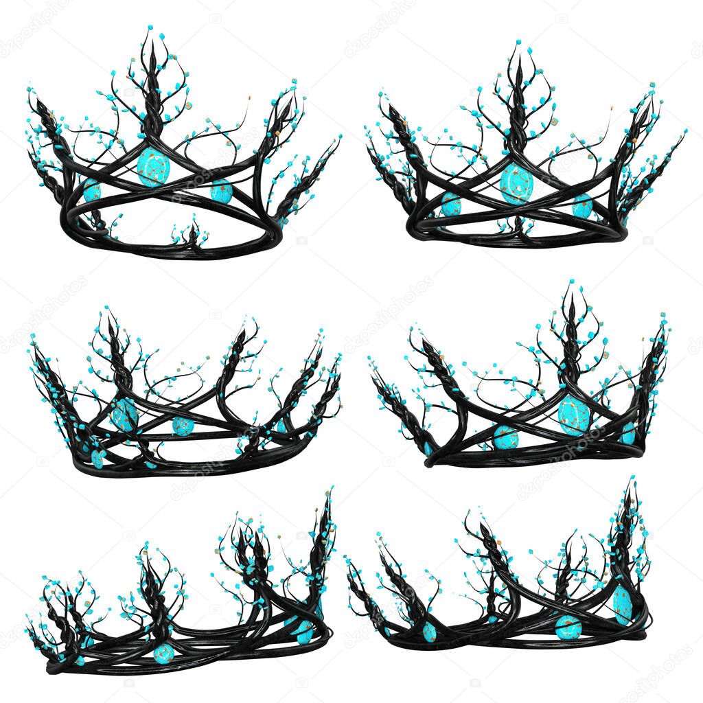 Ornate intricate metal fantasy crown with turquoise stones on isolated background, 3D Illustration, 3D Rendering