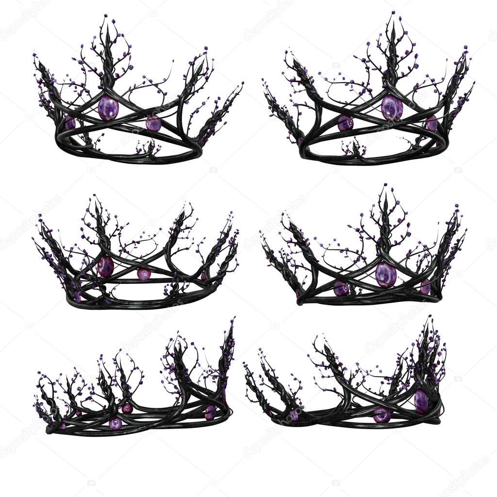 Ornate intricate metal fantasy crown with purple gems on isolated background, 3D Illustration, 3D Rendering