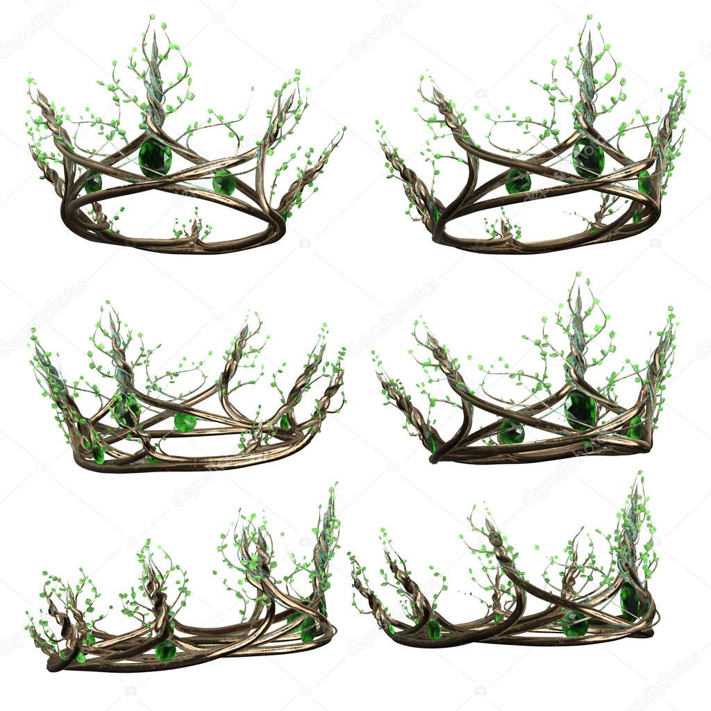 Ornate intricate metal fantasy crown with green gems on isolated background, 3D Illustration, 3D Rendering
