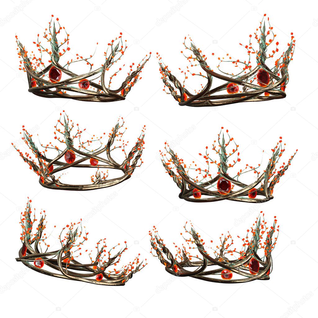 Ornate intricate metal fantasy crown with amber gems on isolated background, 3D Illustration, 3D Rendering