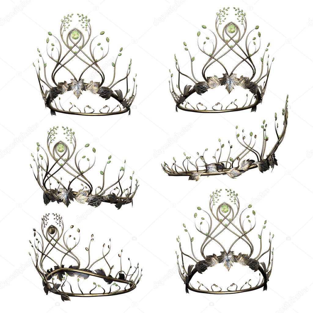 Ornate intricate metal fantasy crown with jade gems on isolated background, 3D Illustration, 3D Rendering