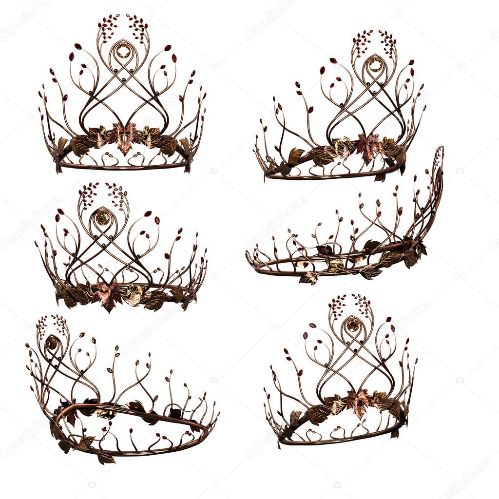 Ornate intricate bronze metal fantasy crown on isolated background, 3D Illustration, 3D Rendering