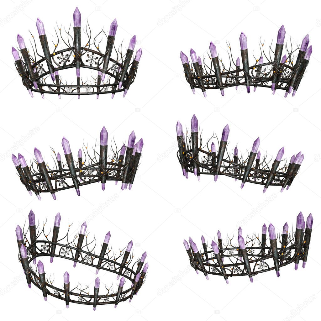 Ornate intricate metal fantasy crown with amethyst gems on isolated background, 3D Illustration, 3D Rendering