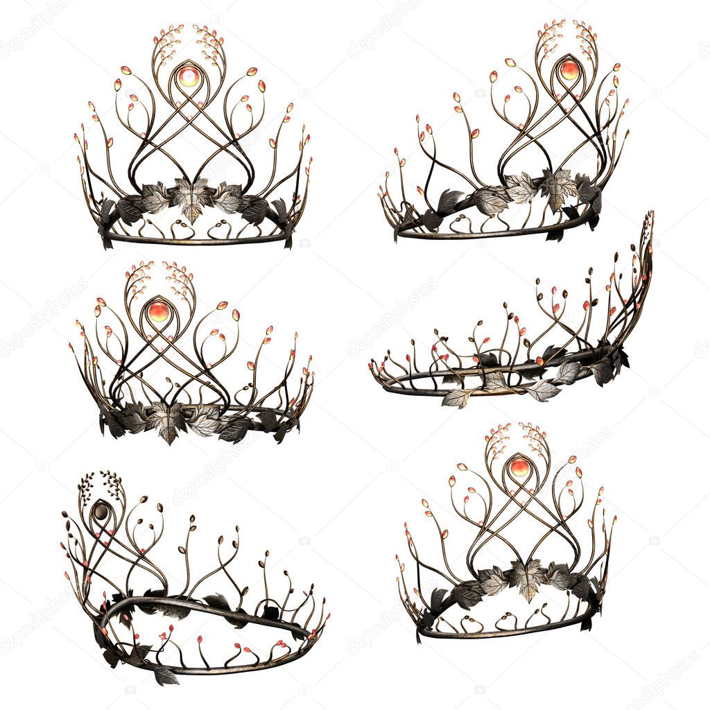 Ornate intricate metal fantasy crown with opal gems on isolated background, 3D Illustration, 3D Rendering