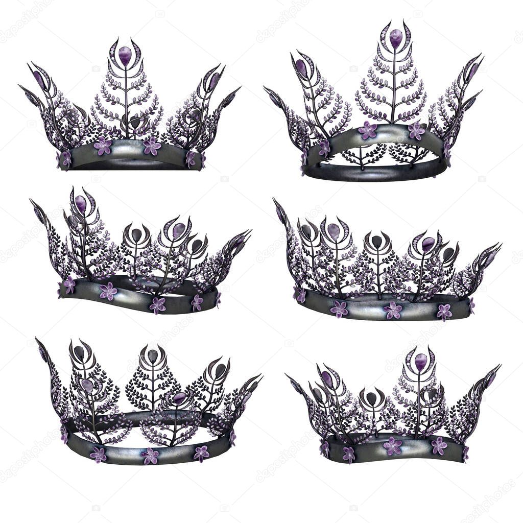 Ornate intricate metal fantasy crown with purple gems on isolated background, 3D Illustration, 3D Rendering