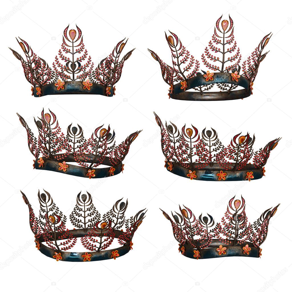 Ornate intricate metal fantasy crown with orange gems on isolated background, 3D Illustration, 3D Rendering