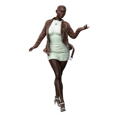 Urban Fantasy African-American Woman in Dress and Leather Jacket, 3D Rendering, 3D illustration