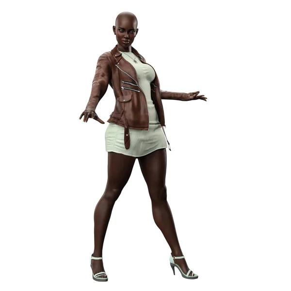 Urban Fantasy African American Woman Dress Leather Jacket Rendering Illustration — Stock Fotó