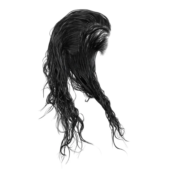 Czarne Długie Mokre Włosy Pojedynczym Białym Tle Renderowanie Ilustracja — Zdjęcie stockowe