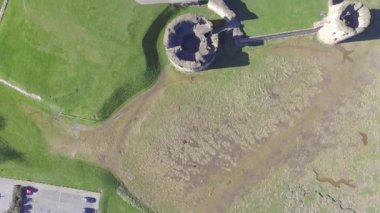 drone video, Aerial view of Flint Castle in summer,  North East Wales, England 