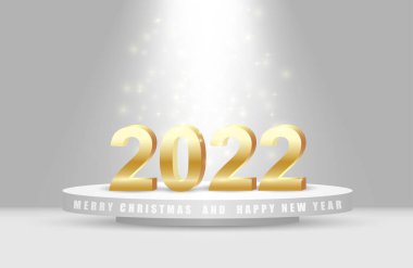 Mutlu yıllar 2022. Beyaz podyumda altın sayılar. Aydınlatma ile.