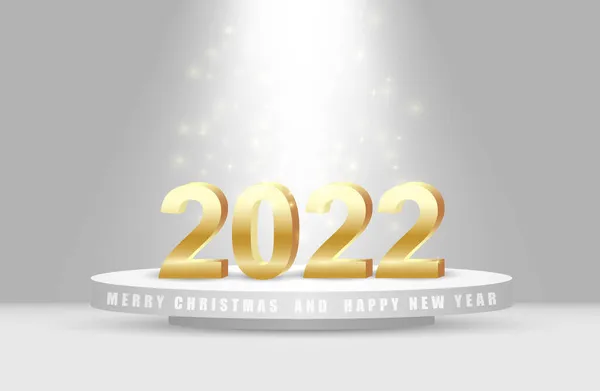 Mutlu yıllar 2022. Beyaz podyumda altın sayılar. Aydınlatma ile.