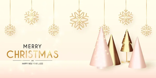 Kerst en Nieuwjaar achtergrond. Conische abstracte gouden kerstbomen. Sneeuwvlokken hangen aan lint. Heldere Winter vakantie compositie. Wenskaart, banner, poster. Vector Vectorbeelden