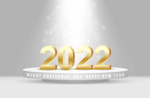 Gelukkig Nieuwjaar 2022. Gouden nummers op een wit podium met verlichting .Vector Rechtenvrije Stockillustraties