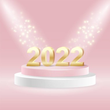 Mutlu yıllar 2022. Pembe arka planda kürsüde ışıldayan altın rakamlar. Vektör