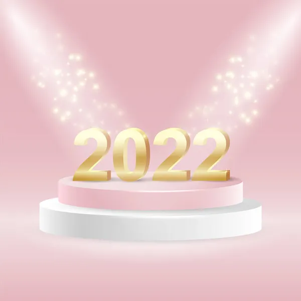 Mutlu yıllar 2022. Pembe arka planda kürsüde ışıldayan altın rakamlar. Vektör