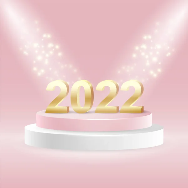 Gelukkig Nieuwjaar 2022. Gouden nummers met sprankelingen op podium op roze achtergrond. Vector Stockillustratie