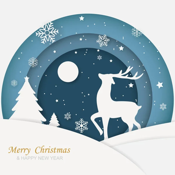 Geyik ve Noel ağacıyla mutlu Noeller ve kış. Kağıt sanatıyla. Vektör