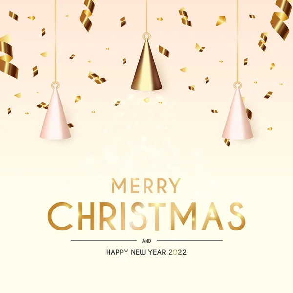 Noel ve Yeni Yıl geçmişi. Konik Soyut Altın Noel Ağaçları. Kurdelede asılı kar taneleri. Parlak Kış Tatil Kompozisyonu. Tebrik kartı, afiş, poster. Vektör