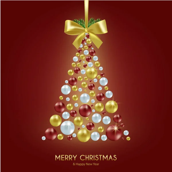 Kırmızı arka planda altın ve kırmızı toplardan yapılmış Noel ağacı. Mutlu Noeller ve mutlu yıllar. Vektör