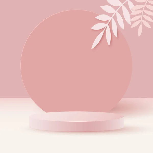 Yuvarlak bir podyumu olan minimalist bir sahne. Kağıt yapraklı yumuşak postel tonlarına karşı silindirik bir podyum. Vektör