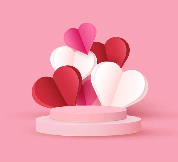 Tarjeta Feliz Día de San Valentín con escenario de podio y marco de círculo con corazones de papel 3d. Plantilla de diseño de vacaciones vectorial. Banner de venta concepto rosa o tarjeta de felicitación. — Vector de stock